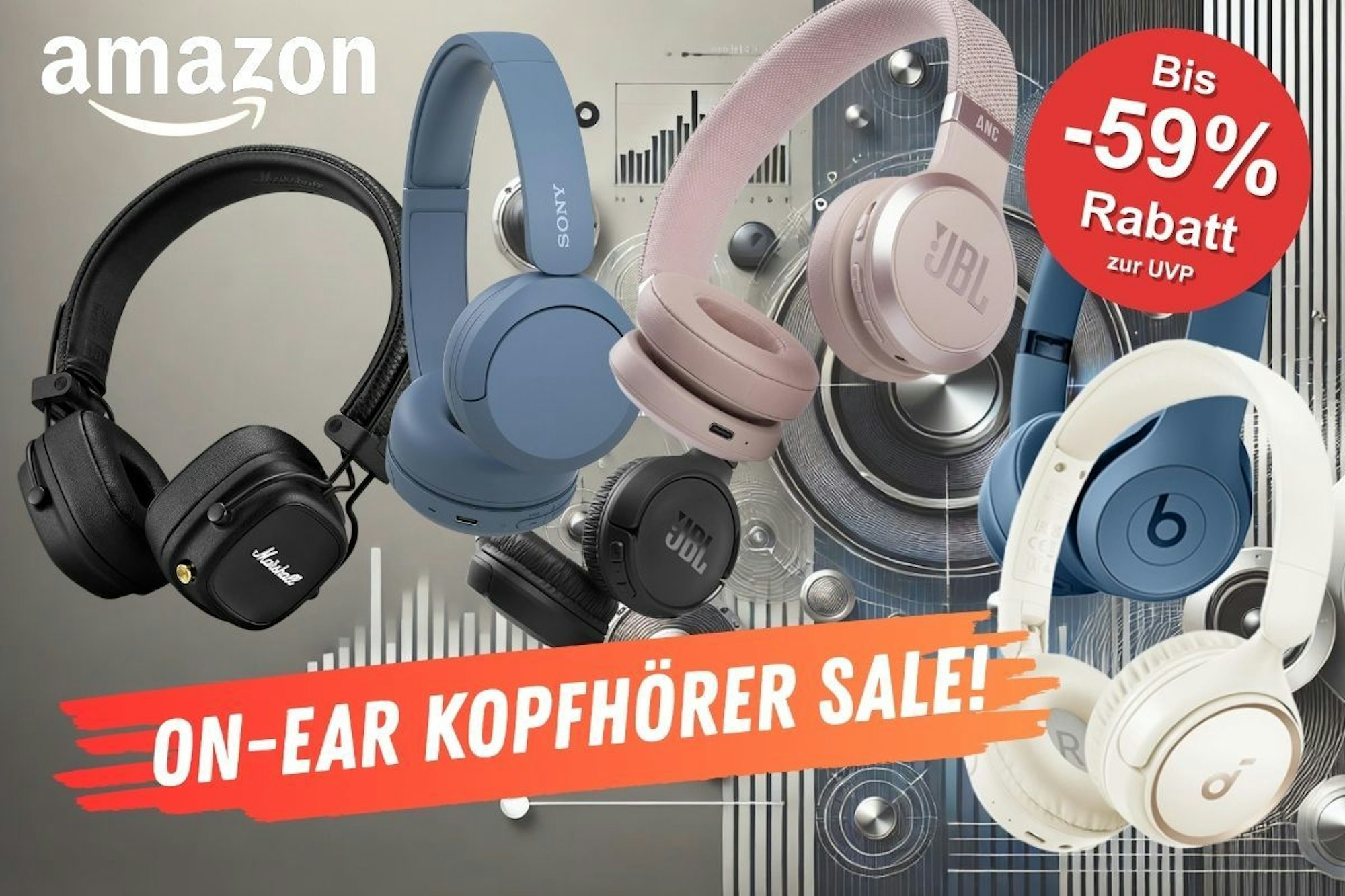 On-Ear-Bluetooth-Kopfhörer von JBL, Marshall, Sony, Soundcore, Beats vor einem Hintergrund mit Audio-Technik, Lautsprecher und Metall.