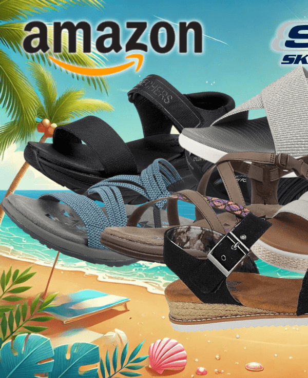 Auf dem Bild sind unterschiedliche Sandalen der Marke Skechers zu sehen.