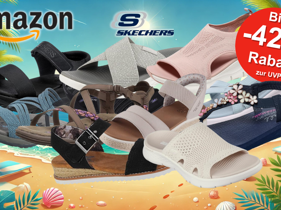 Auf dem Bild sind unterschiedliche Sandalen der Marke Skechers zu sehen.