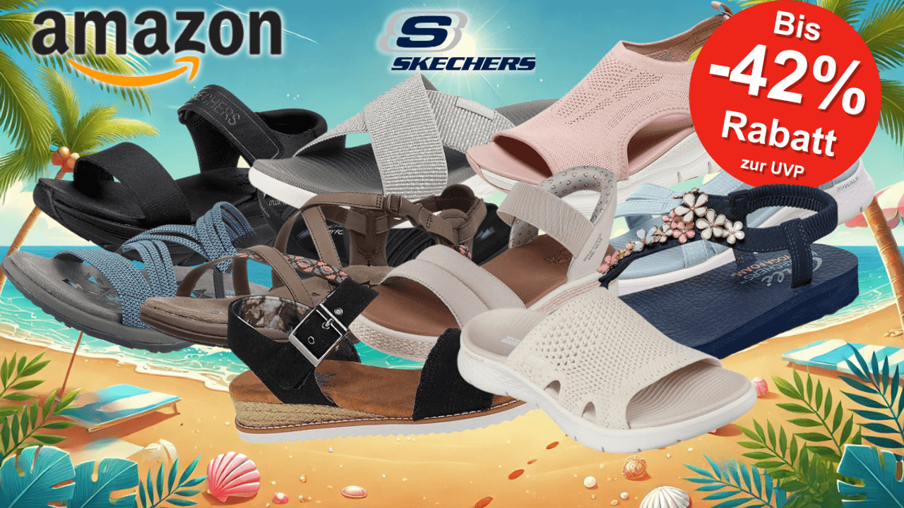 Auf dem Bild sind unterschiedliche Sandalen der Marke Skechers zu sehen.