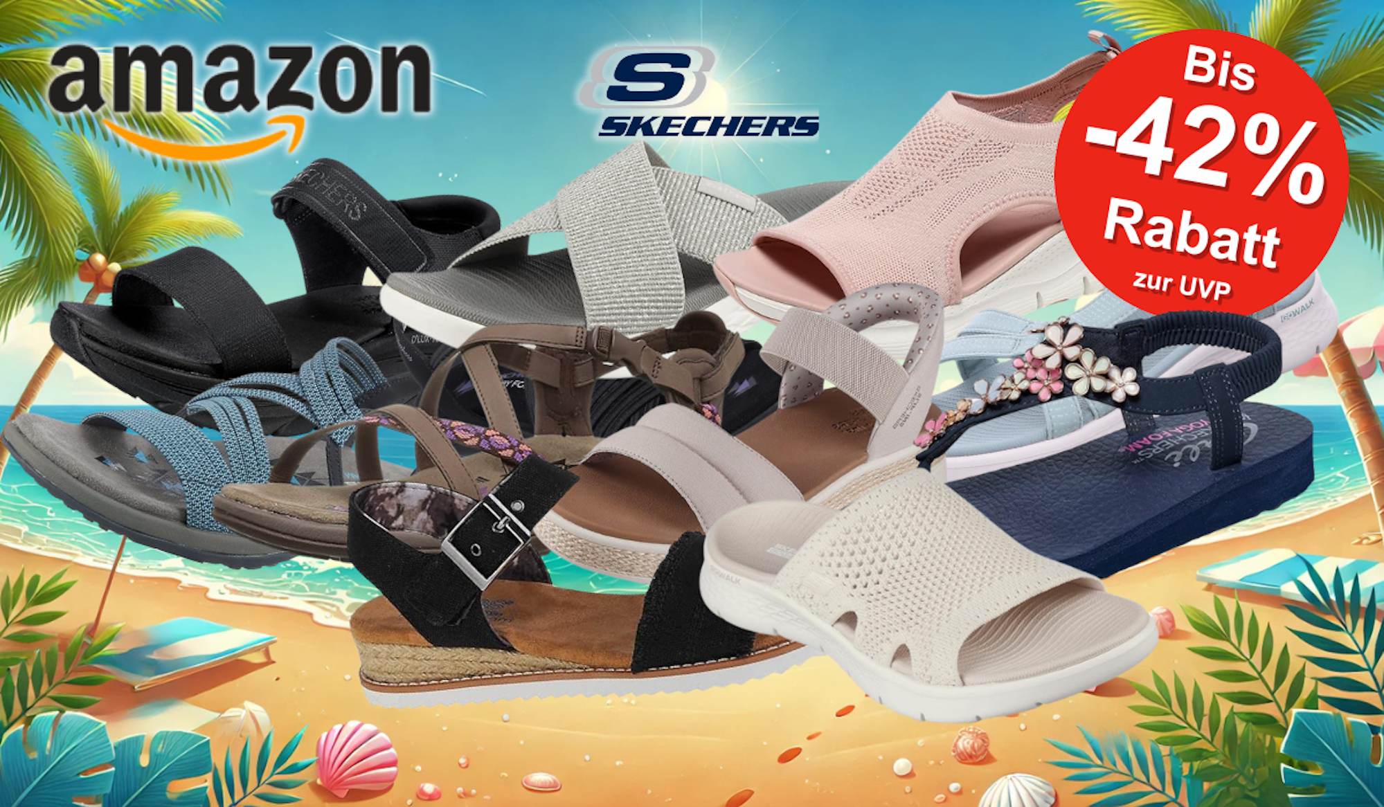 Auf dem Bild sind unterschiedliche Sandalen der Marke Skechers zu sehen.