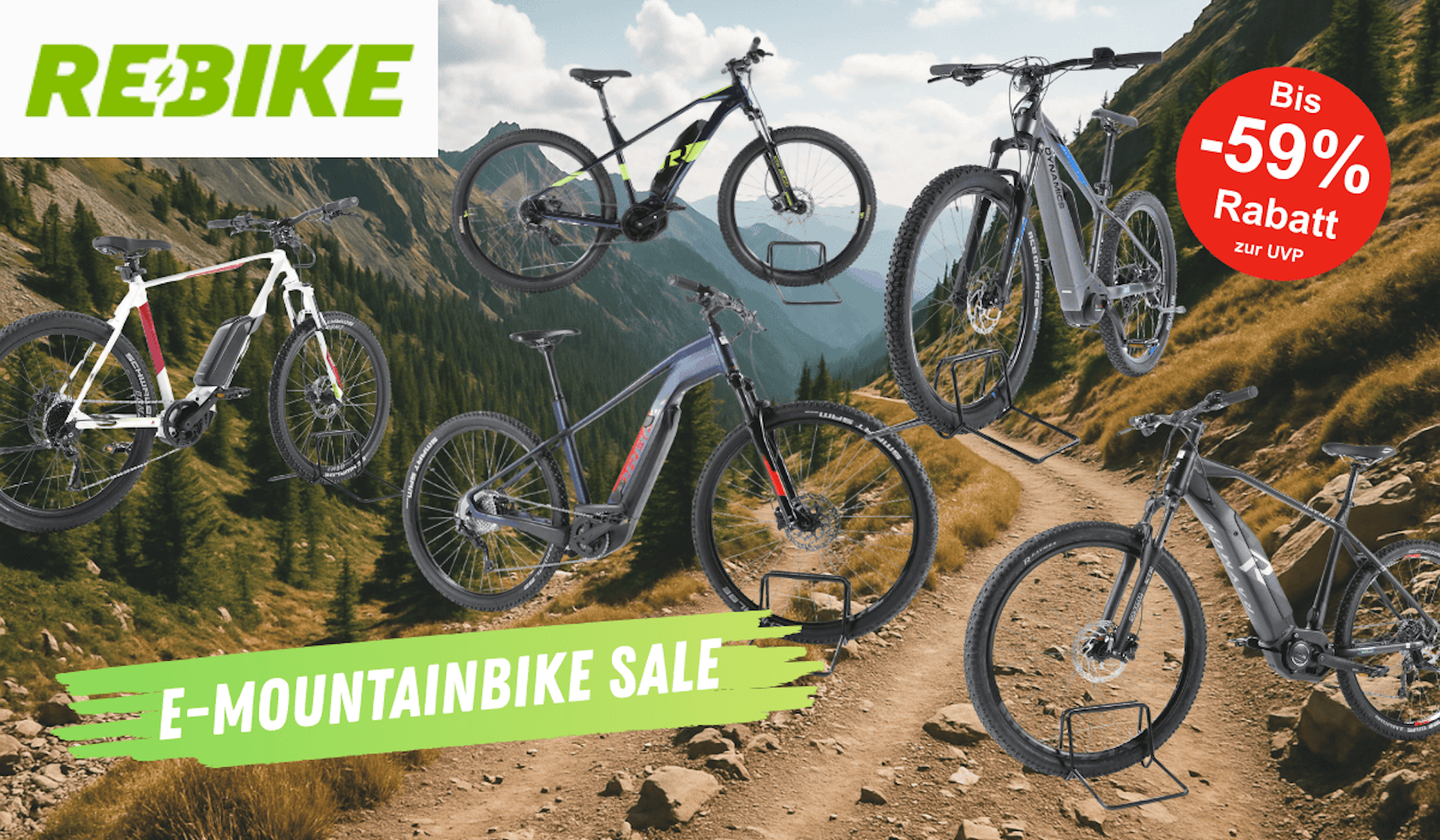 Darstellung verschiedener E-Mountainbikes vor einem Hintergrund, der einen Weg in den Bergen zeigt