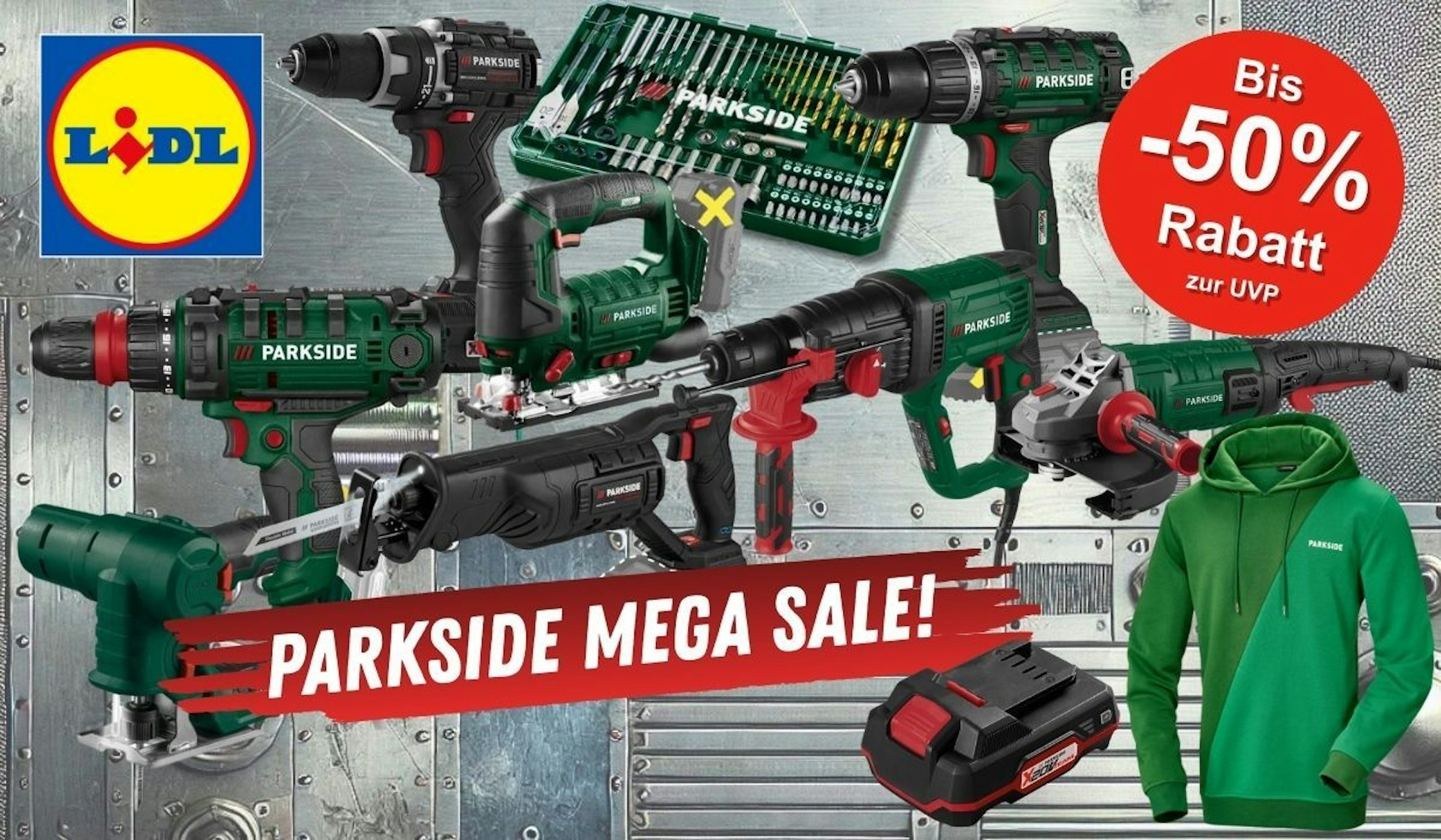 Werkzeug und Baumarkt Produkte der Marken Parkside und Parkside Performance wie Akkuschrauber, Schlagbohrer, Winkelschleifer, Zusatz-Akku, Säbelsäge, Stichsäge und mehr.