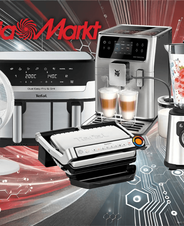 Auf dem Bild befinden sich Produkte wie Airfryer, Ventilator, Mixer etc., um die MediaMarkt Aktion zu repräsentieren