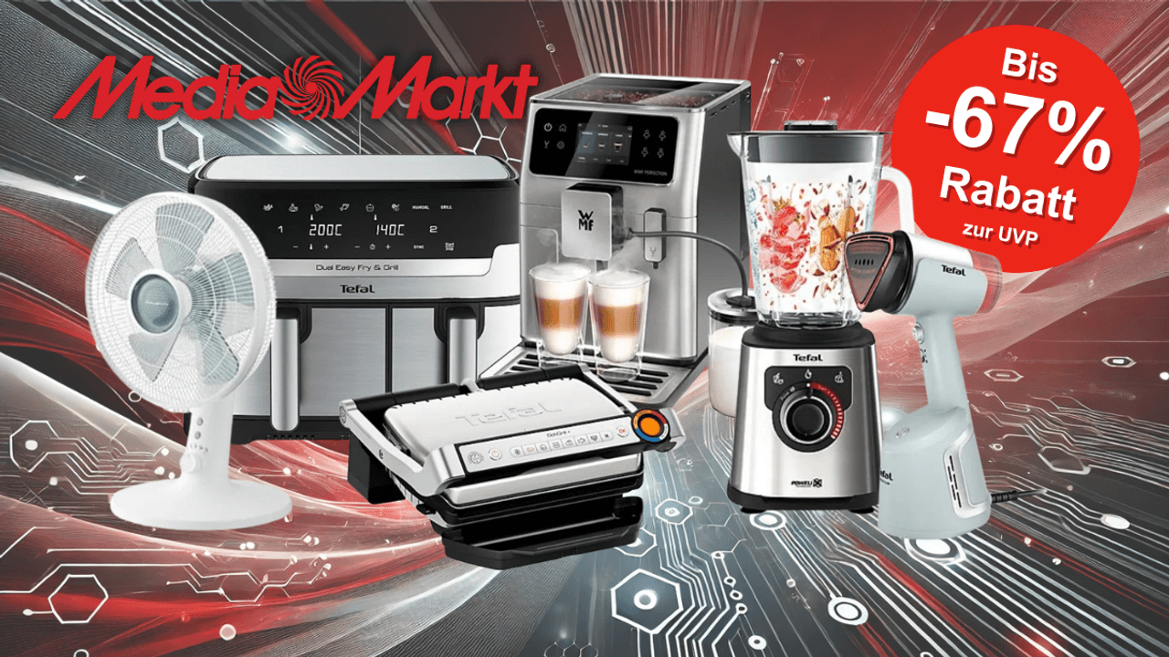 Auf dem Bild befinden sich Produkte wie Airfryer, Ventilator, Mixer etc., um die MediaMarkt Aktion zu repräsentieren