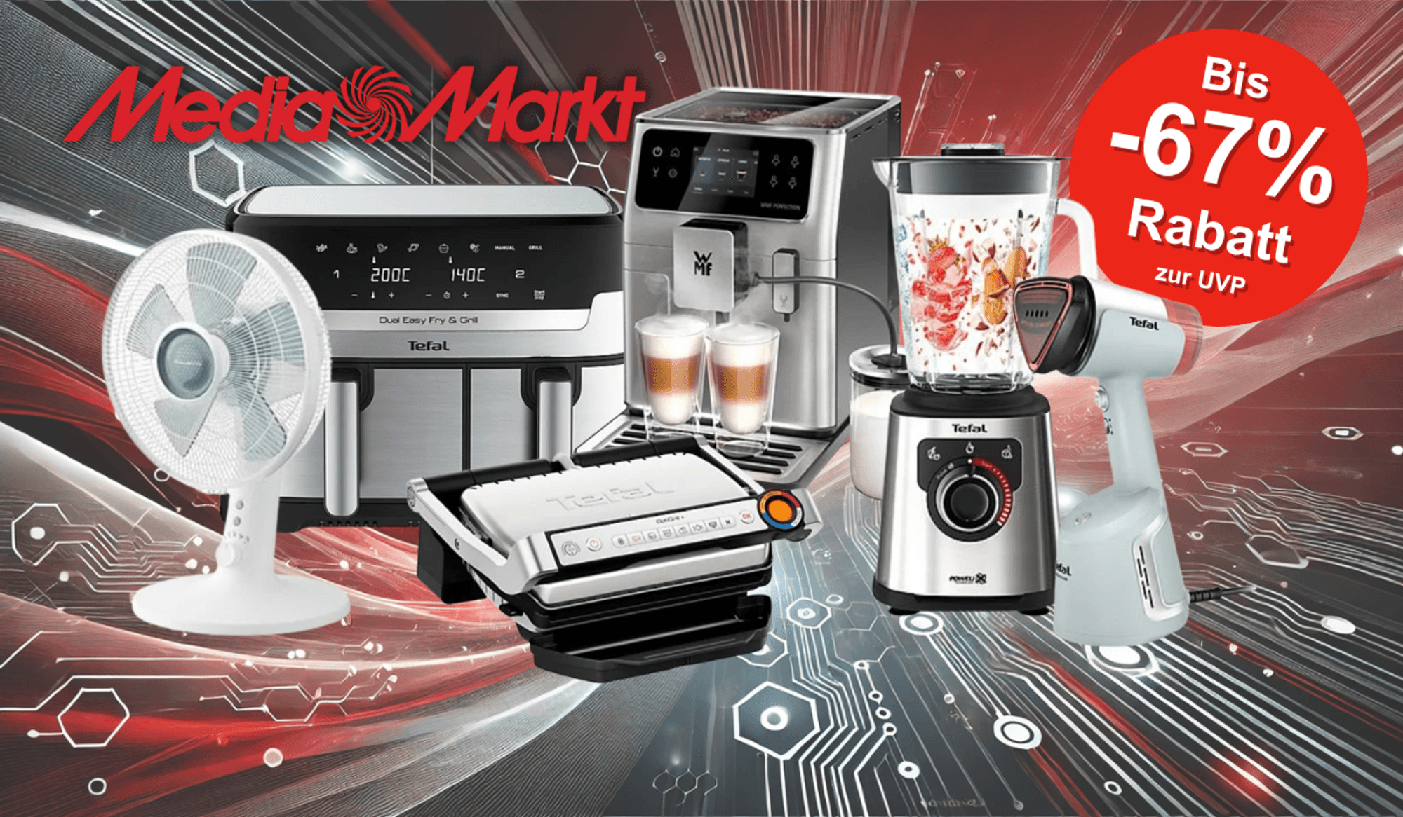 Auf dem Bild befinden sich Produkte wie Airfryer, Ventilator, Mixer etc., um die MediaMarkt Aktion zu repräsentieren