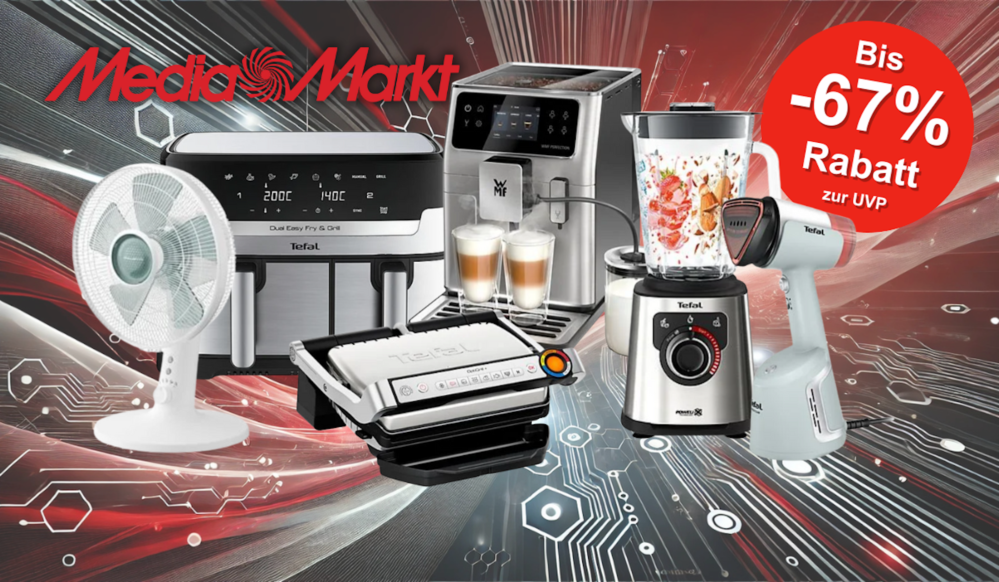 Auf dem Bild befinden sich Produkte wie Airfryer, Ventilator, Mixer etc., um die MediaMarkt Aktion zu repräsentieren