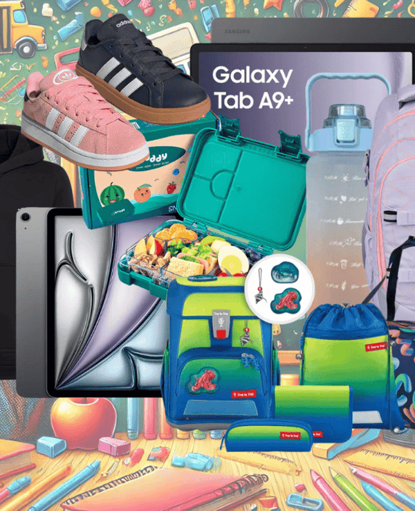 Darstellung verschiedener Artikel aus dem Back to School Sale bei OTTTO wie Mode, Tablets, Brotdosen, Trinkflaschen, Schulranzen und mehr vor einem thematisch passenden und bunten Hintergrund.