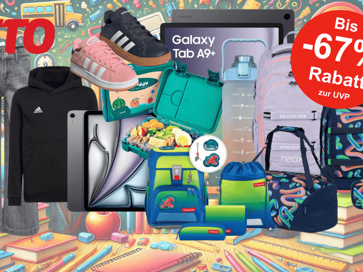 Darstellung verschiedener Artikel aus dem Back to School Sale bei OTTTO wie Mode, Tablets, Brotdosen, Trinkflaschen, Schulranzen und mehr vor einem thematisch passenden und bunten Hintergrund.