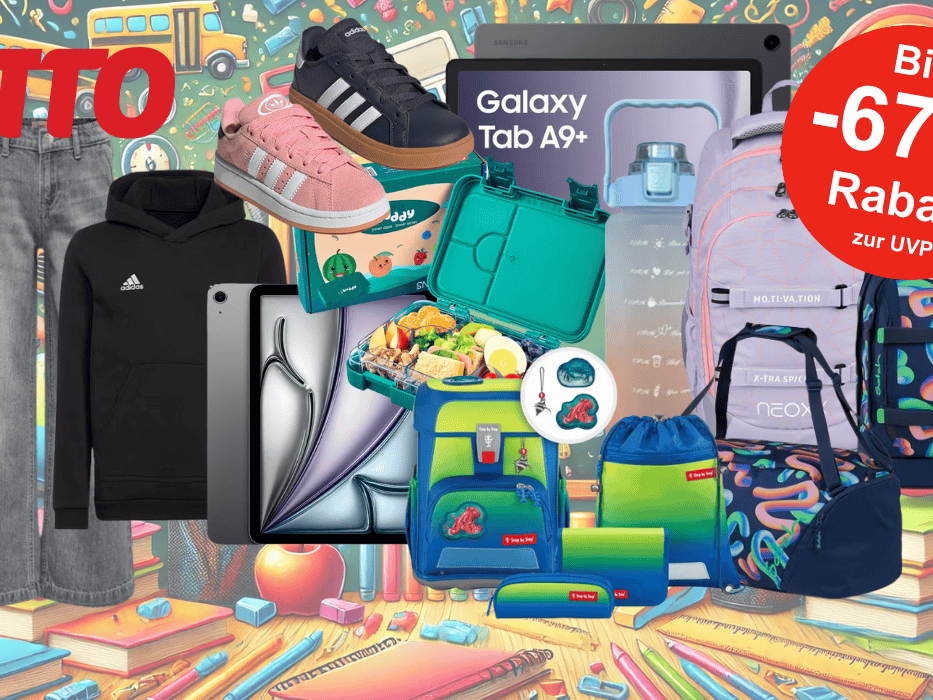 Darstellung verschiedener Artikel aus dem Back to School Sale bei OTTTO wie Mode, Tablets, Brotdosen, Trinkflaschen, Schulranzen und mehr vor einem thematisch passenden und bunten Hintergrund.