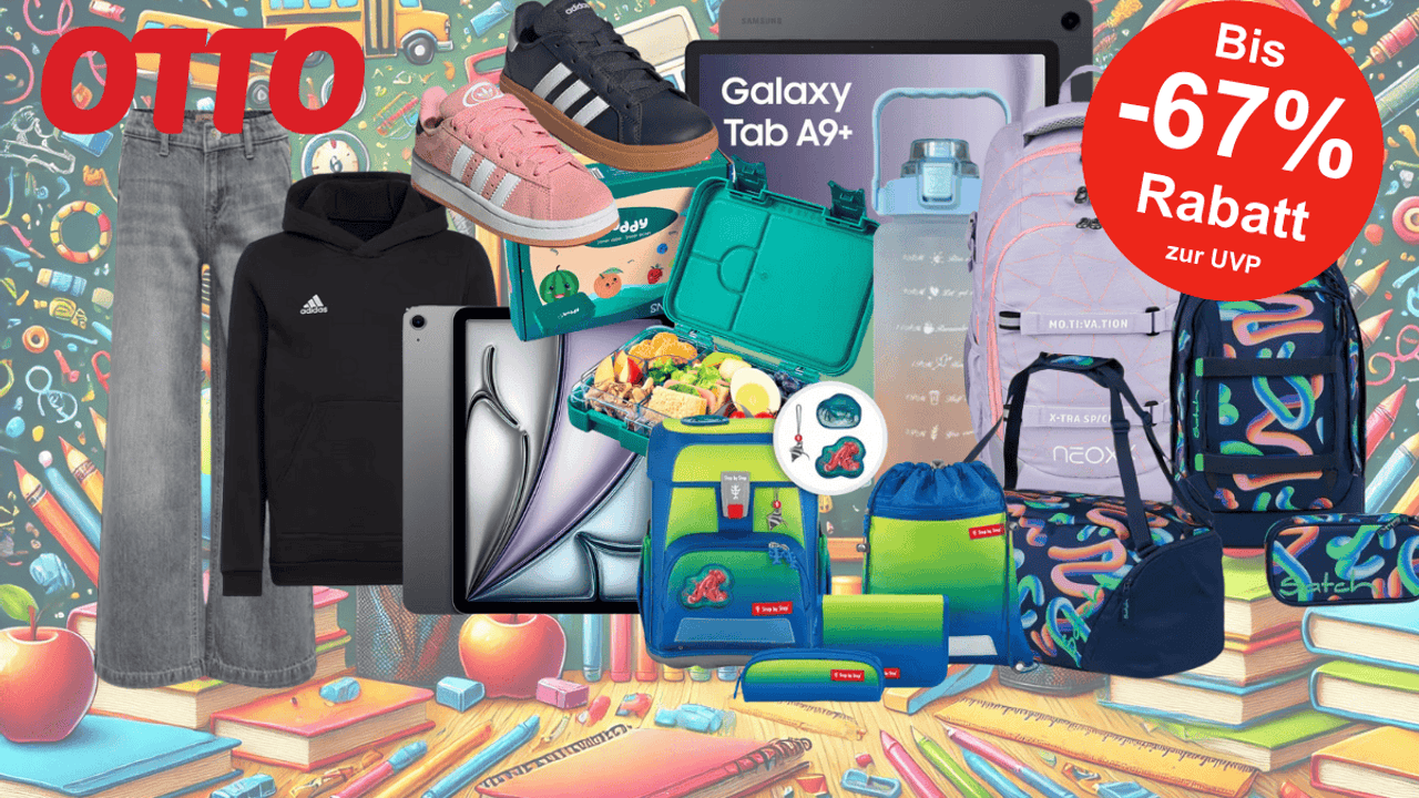 Darstellung verschiedener Artikel aus dem Back to School Sale bei OTTTO wie Mode, Tablets, Brotdosen, Trinkflaschen, Schulranzen und mehr vor einem thematisch passenden und bunten Hintergrund.