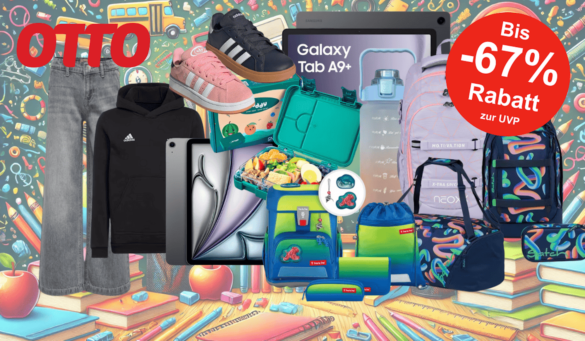 Darstellung verschiedener Artikel aus dem Back to School Sale bei OTTTO wie Mode, Tablets, Brotdosen, Trinkflaschen, Schulranzen und mehr vor einem thematisch passenden und bunten Hintergrund.