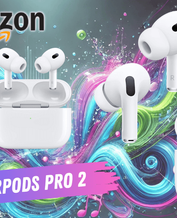 Darstellung der Apple AirPods Pro 2 vor einem Hintergrund mit Noten und einem bunten Muster.