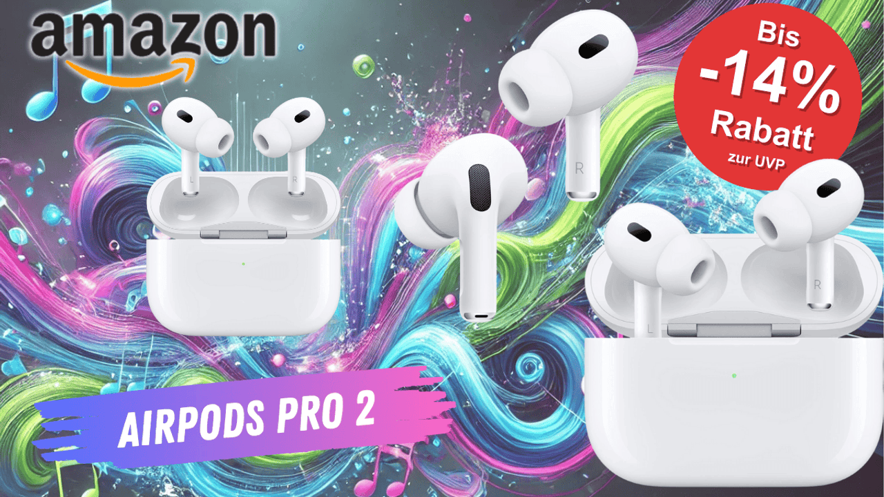 Darstellung der Apple AirPods Pro 2 vor einem Hintergrund mit Noten und einem bunten Muster.