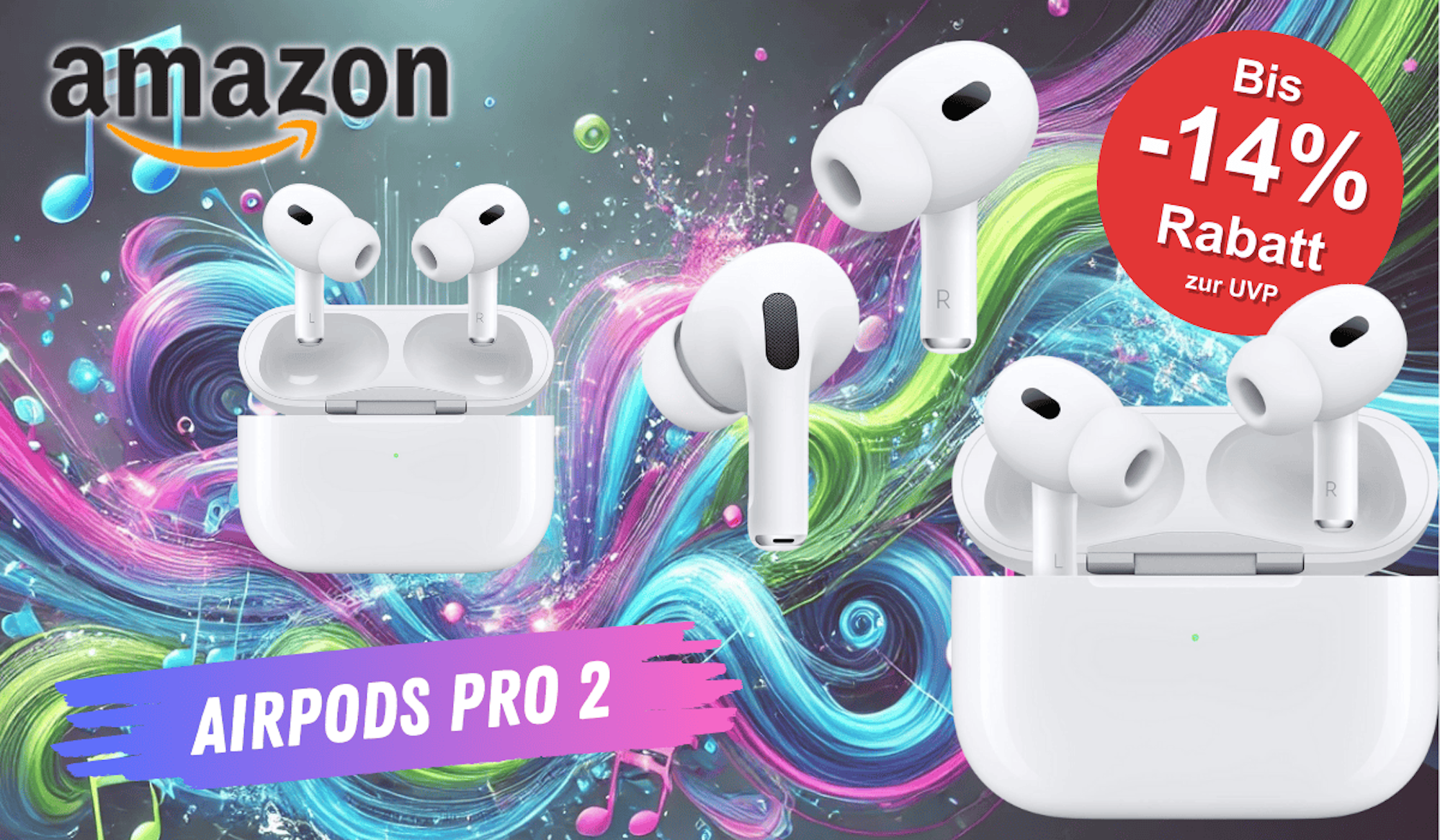 Darstellung der Apple AirPods Pro 2 vor einem Hintergrund mit Noten und einem bunten Muster.