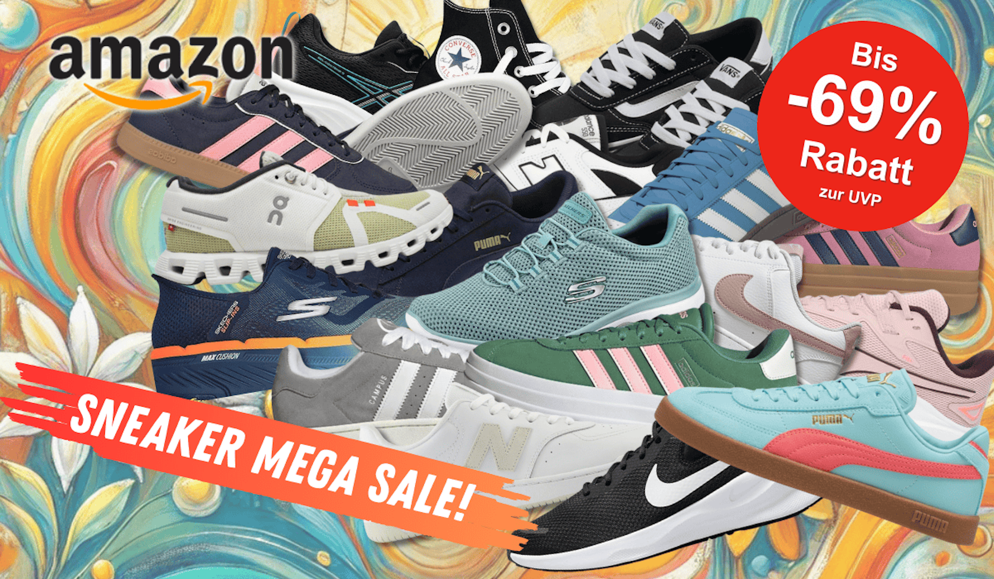 Darstellung verschiedener Sneaker Modelle von Marken wie adidas, Puma, Vans, Nike, Skechers, Converse und mehr vor einem bunten Hintergrund.