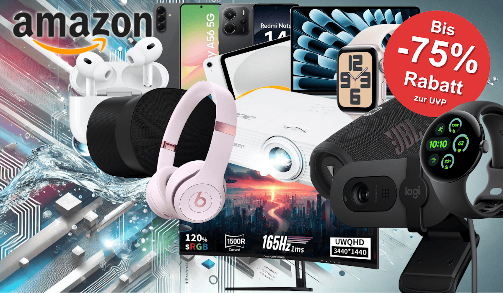 Anordnung verschiedener Technik Artikel wie AirPods, JBL Box, Samsung Smartphone, Acer Beamer, Beats Kopfhörer und mehr.