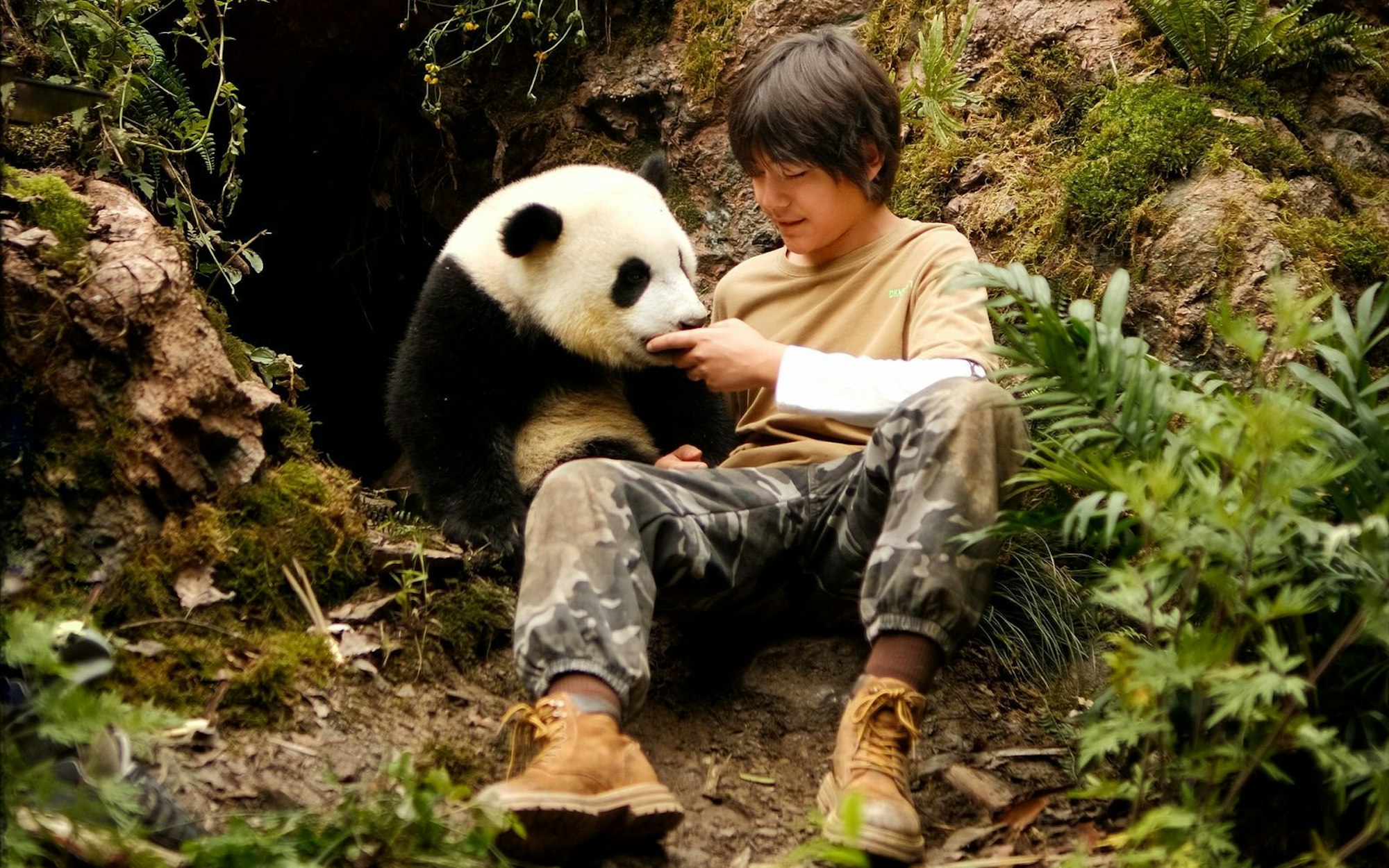 Als Tian (Noé Yé) im Bambuswald den verwaisten Panda Moon trifft, ist das der Beginn einer außergewöhnlichen Freundschaft. (Bild: Leonine)