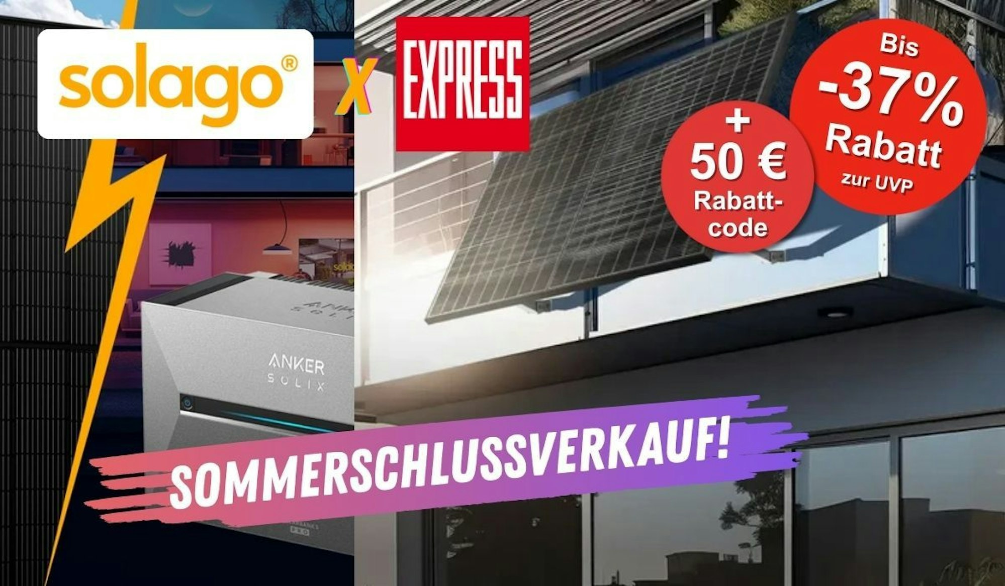 Solago Balkonkraftwerke Komplettsets an einem Gitterbalkon mit Anker Solix 3 Pro Solarbank Speicher und EXPRESS Logo.