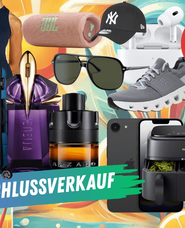 Produkte vieler verschiedener Marken wie Levi's Jeans, JBL Box, Parfum, On Sneaker, Iphone und mehr vor einem farbenfrohen Hintergrund mit sommerlichen Motiven.