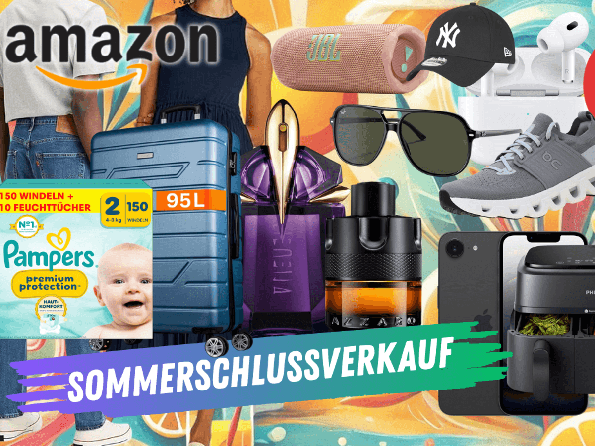 Produkte vieler verschiedener Marken wie Levi's Jeans, JBL Box, Parfum, On Sneaker, Iphone und mehr vor einem farbenfrohen Hintergrund mit sommerlichen Motiven.