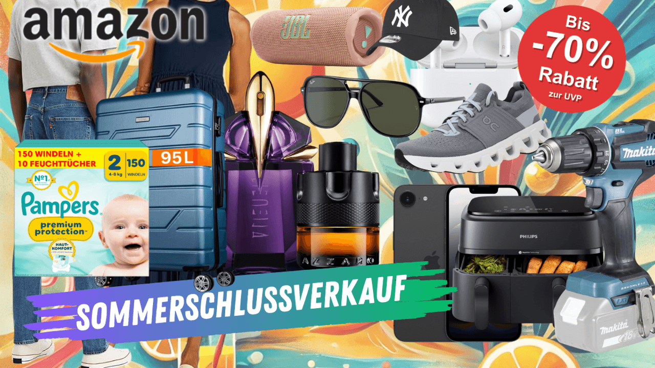 Produkte vieler verschiedener Marken wie Levi's Jeans, JBL Box, Parfum, On Sneaker, Iphone und mehr vor einem farbenfrohen Hintergrund mit sommerlichen Motiven.