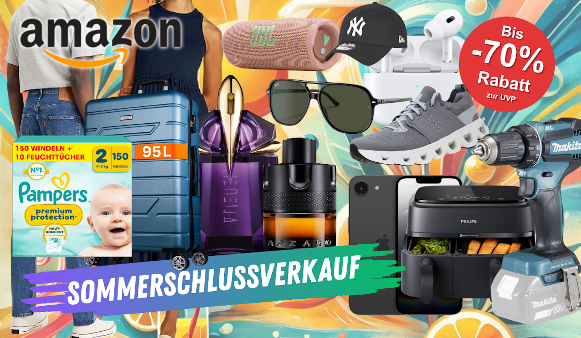 Produkte vieler verschiedener Marken wie Levi's Jeans, JBL Box, Parfum, On Sneaker, Iphone und mehr vor einem farbenfrohen Hintergrund mit sommerlichen Motiven.