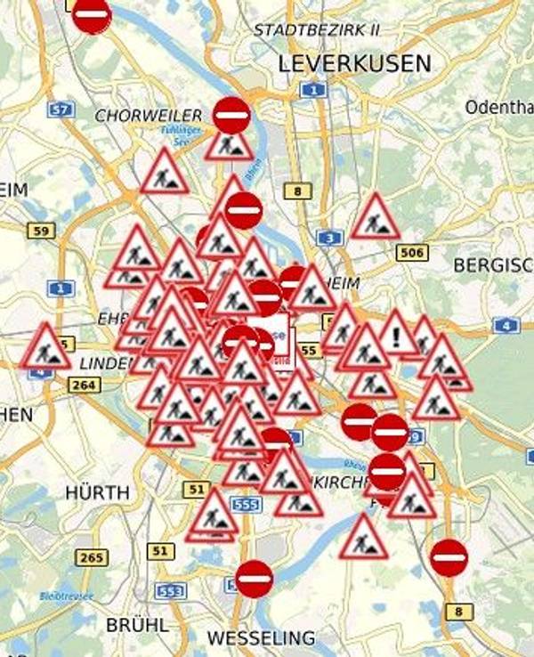 Die aktuelle Übersicht der Stadt Köln zeigt: Es wird überall gebaggert und gebuddelt.