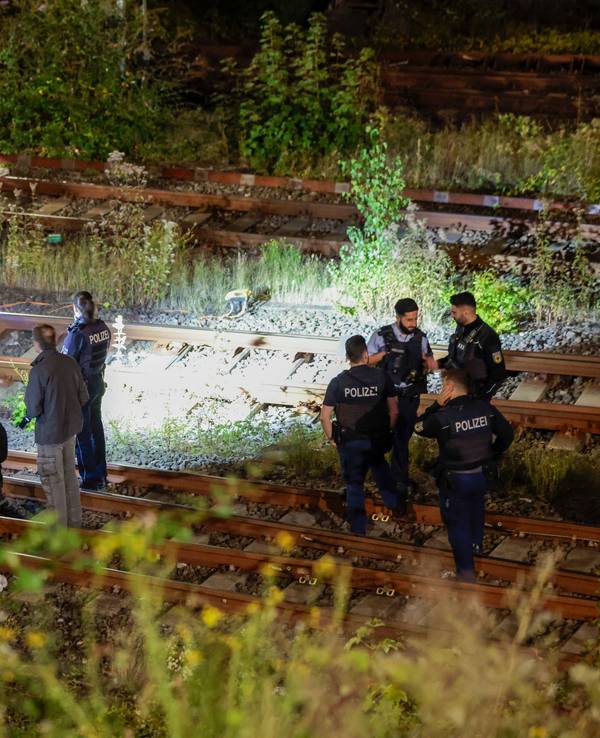 Einsatzkräfte der Polizei stehen nachts an Bahngleisen, einer leuchtet mit einer Taschenlampe auf eine Stell.