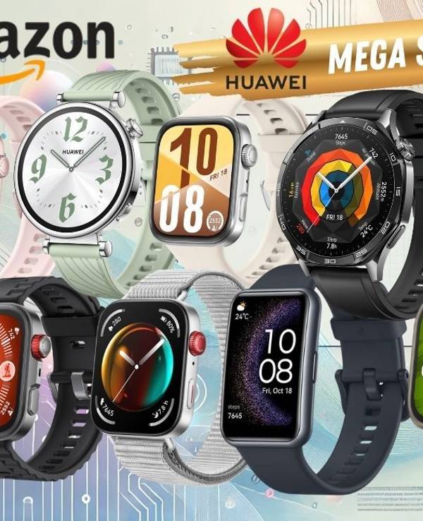Heller Hintergrund mit Schaltkreisen, davor Huawei Smartwatch Modelle in verschiedenen Designs und Farben wie Watch GT 5, Watch GT 4, HUAWEI Band 10, Watch FIT 4 und mehr.
