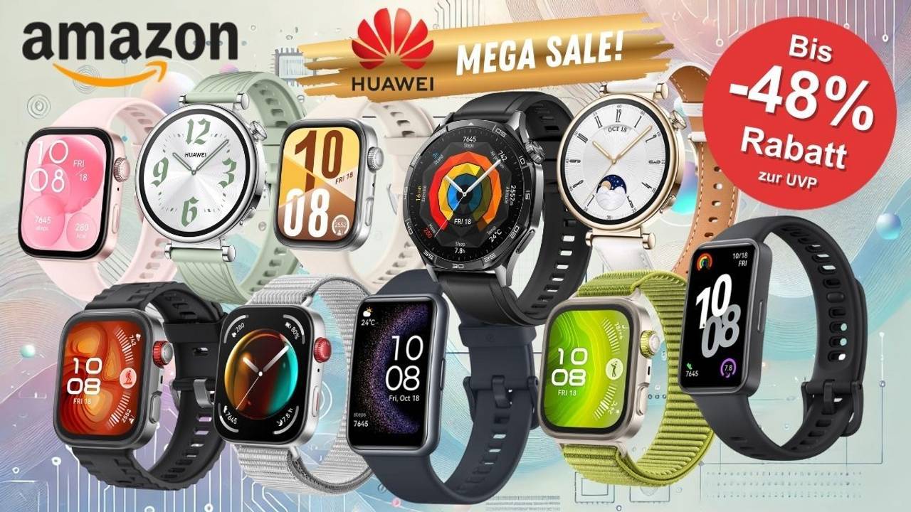 Heller Hintergrund mit Schaltkreisen, davor Huawei Smartwatch Modelle in verschiedenen Designs und Farben wie Watch GT 5, Watch GT 4, HUAWEI Band 10, Watch FIT 4 und mehr.
