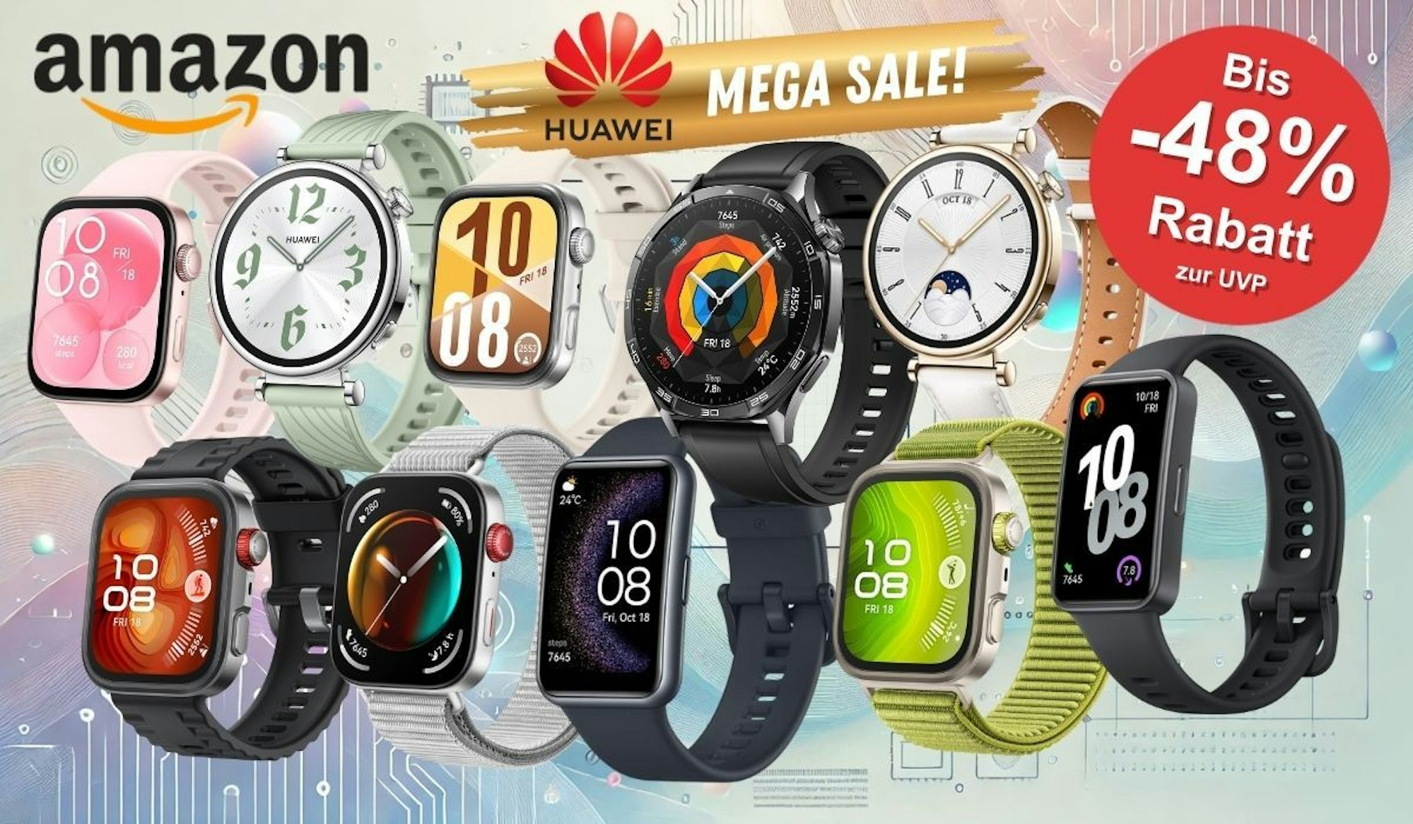 Heller Hintergrund mit Schaltkreisen, davor Huawei Smartwatch Modelle in verschiedenen Designs und Farben wie Watch GT 5, Watch GT 4, HUAWEI Band 10, Watch FIT 4 und mehr.