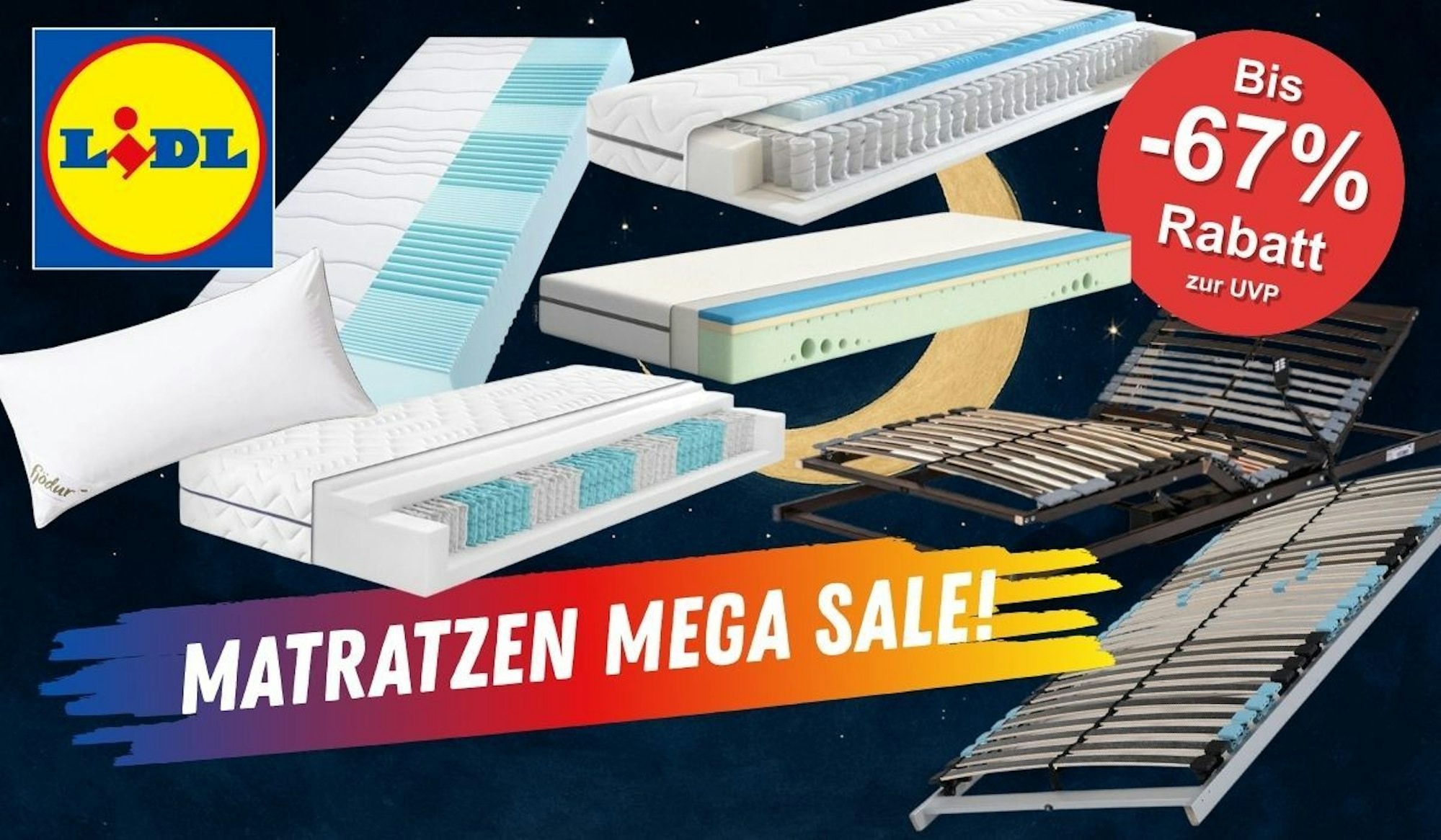 Matratzen, Topper, Kissen und Lattenroste vor einem dunkleren Hintergrund mit Mond und Sternen, dazu das Logo von Lidl.