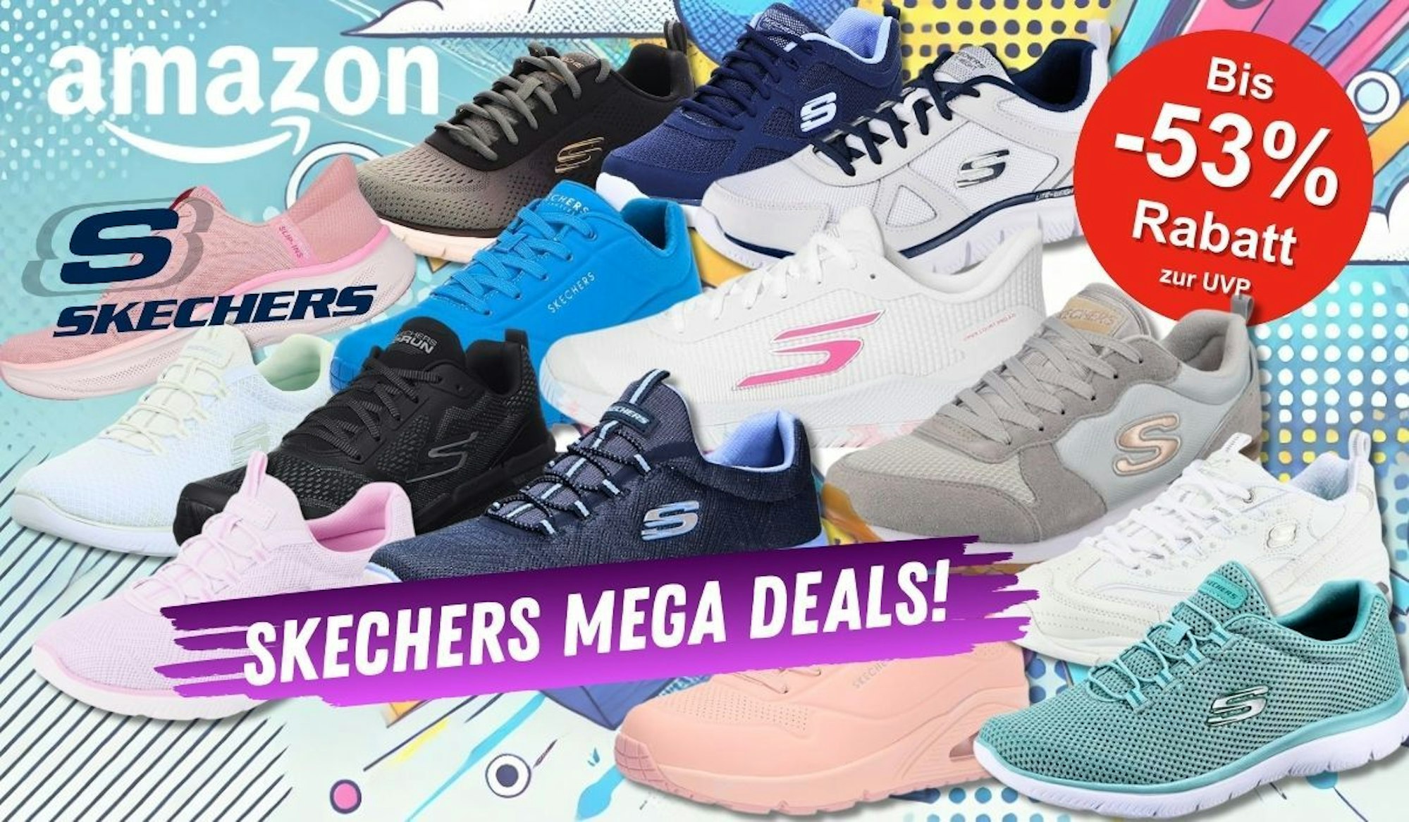 Skechers Schuhe und Sneaker Modelle für Damen und Herren vor einem comicartigen bunten Hintergrund.