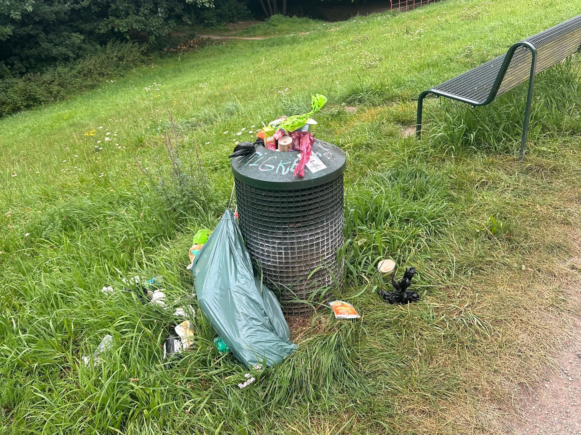 Ein Mülleimer quillt über, um ihn herum liegt Müll.