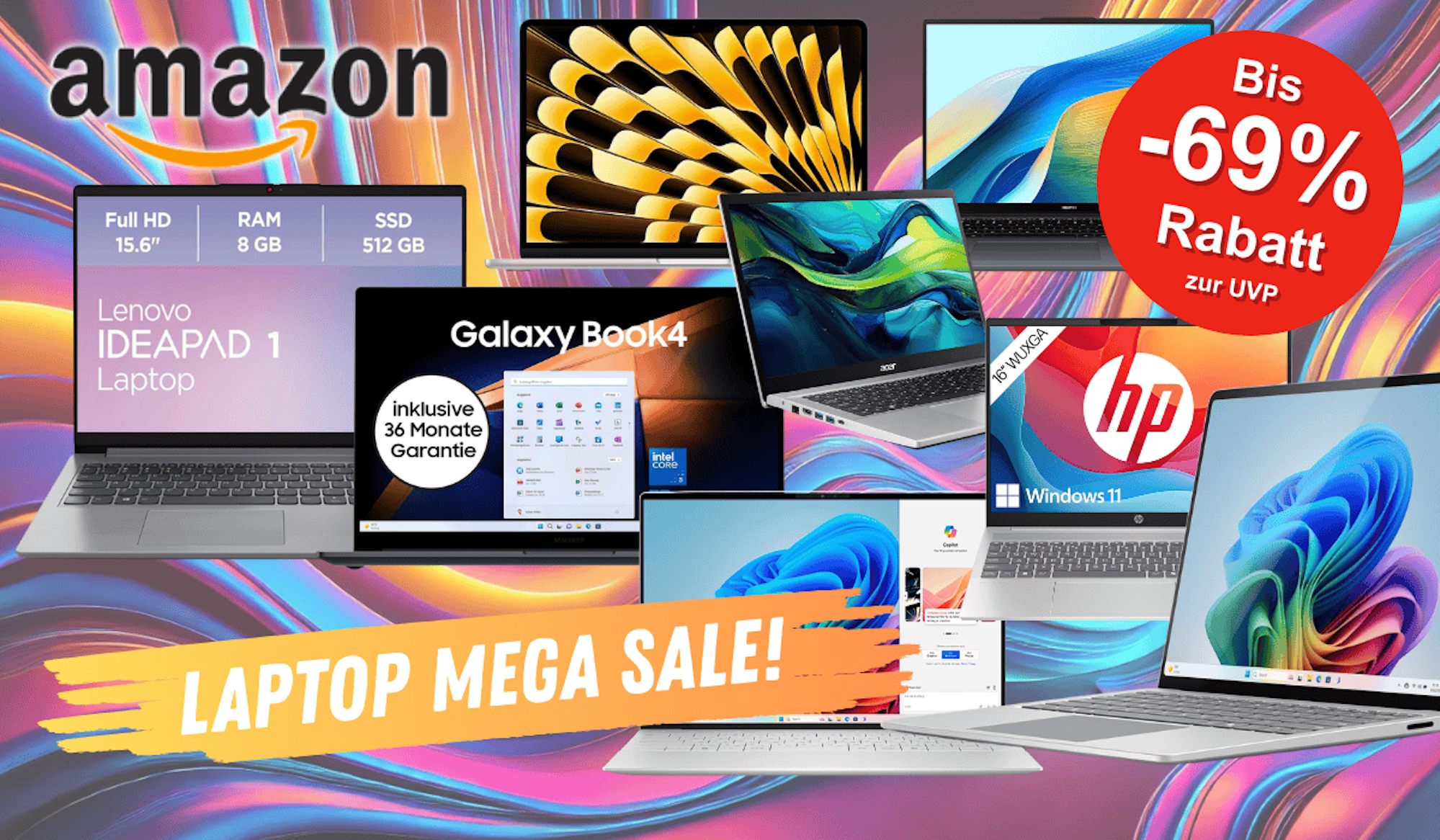 Darstellung verschiedener Laptop Modelle vor einem bunten Hintergrund in Wellen Optik.