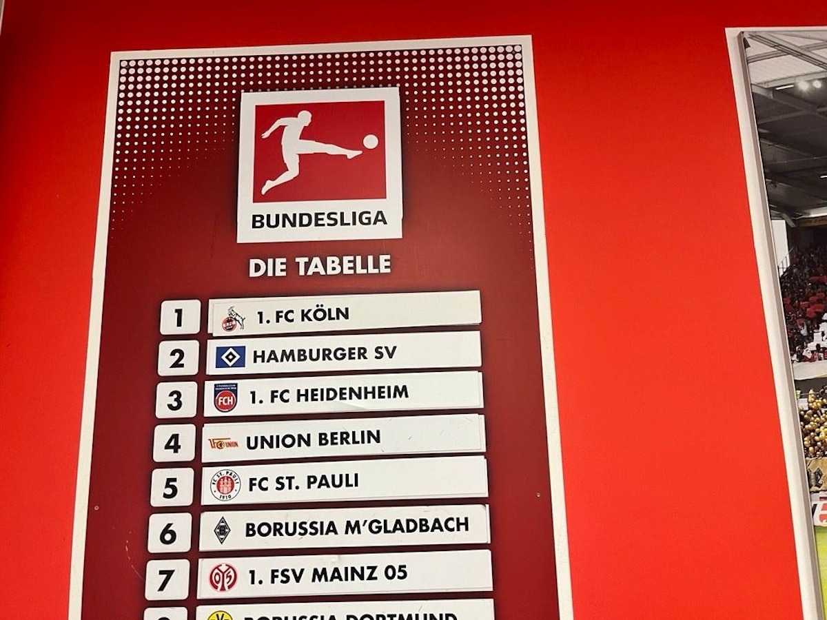 Diese Bundesliga-Tabelle hing am 25. August 2025 in Mainz in den Katakomben des Stadions. Der1. FC Köln ist hier Tabellenführer, hatte zuvor 1:0 in Mainz gewonnen.