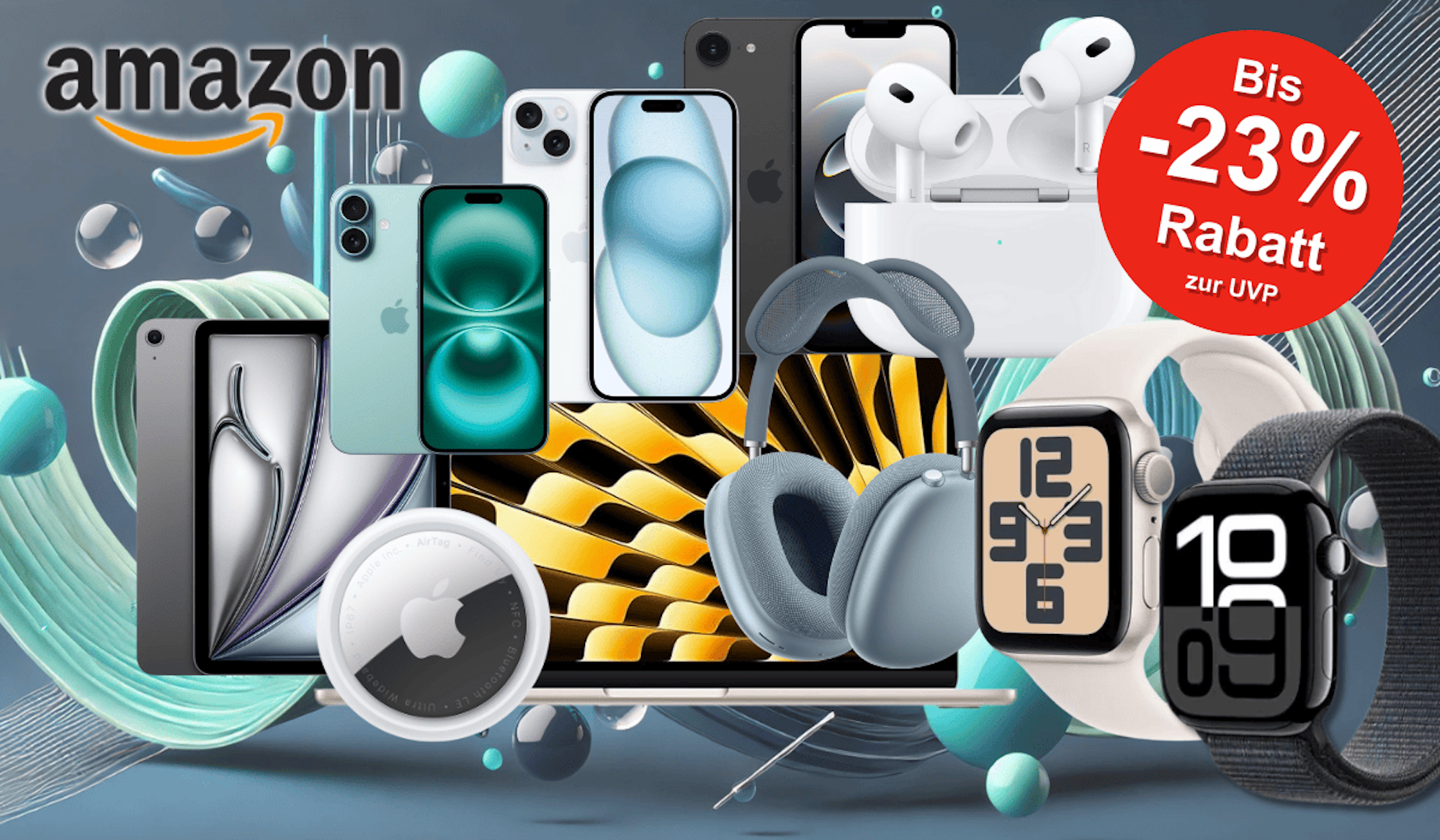 Darstellung verschiedener Apple Produkte wie iPhones, MacBook, AirPods, Apple Watches und mehr vor einem Hintergrund.