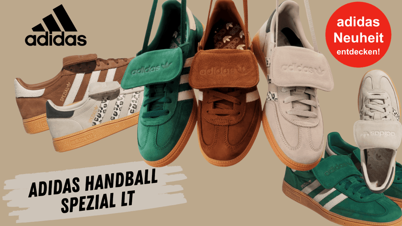 Das Bild zeigt die neuen adidas Handball Spezial LT Sneaker vor einem beigen Hintergrund.