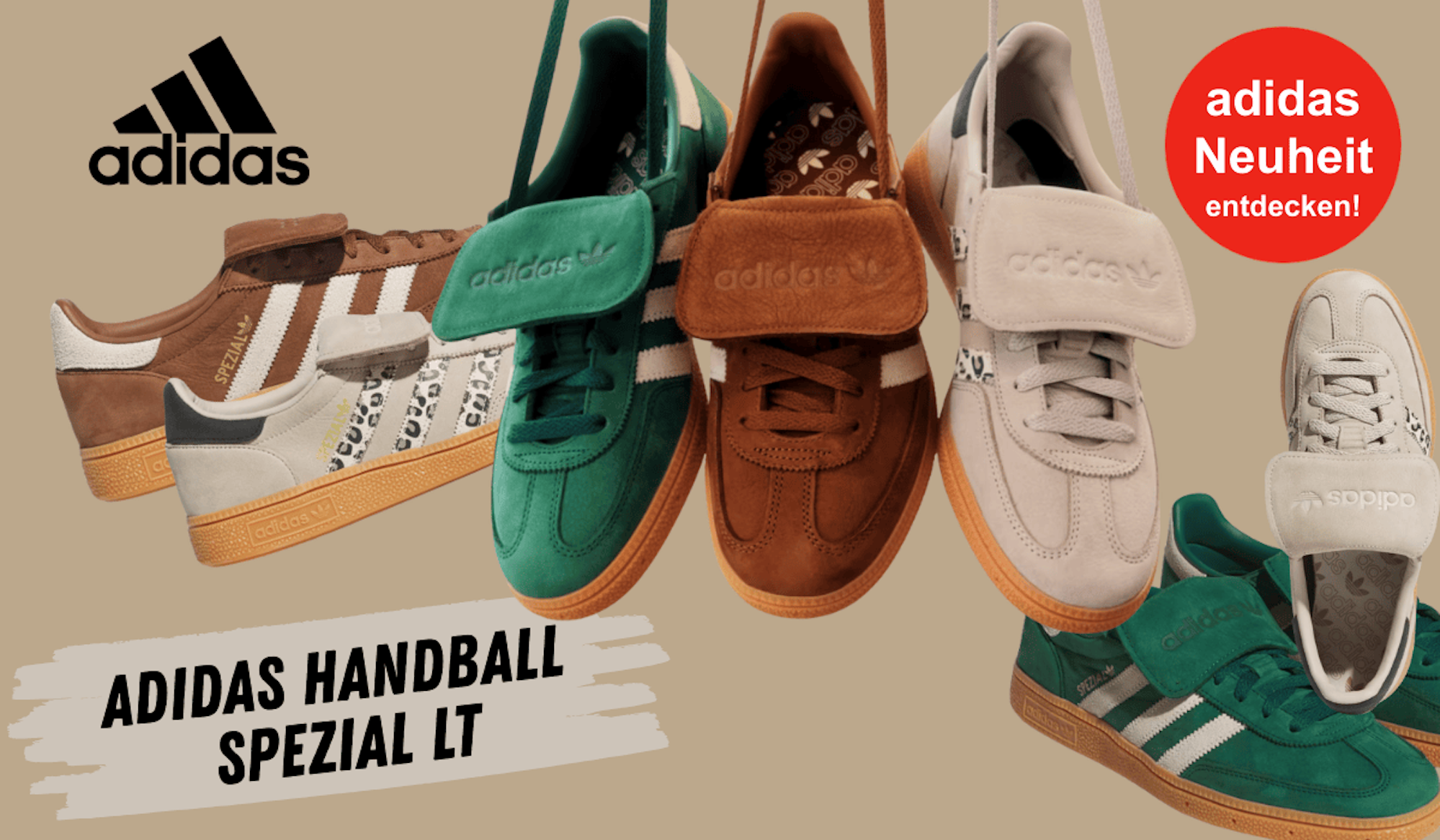 Das Bild zeigt die neuen adidas Handball Spezial LT Sneaker vor einem beigen Hintergrund.