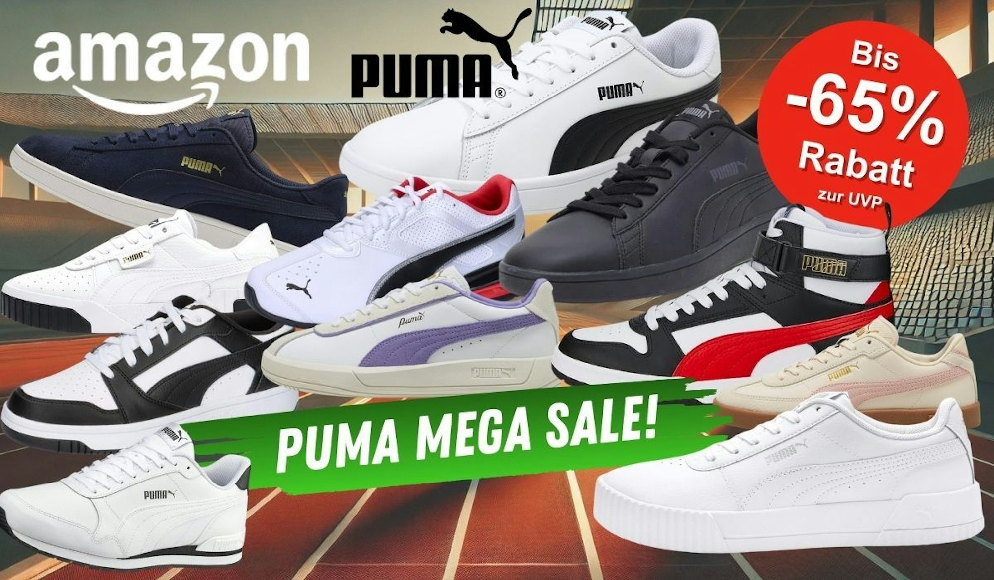 Puma Sneaker Modelle: Puma Unisex Smash V2 Sneaker, Puma Cali, Carina Lift Snake oder Puma St Runner und mehr vor einem Hintergrund mit einem großen Sportstadion.