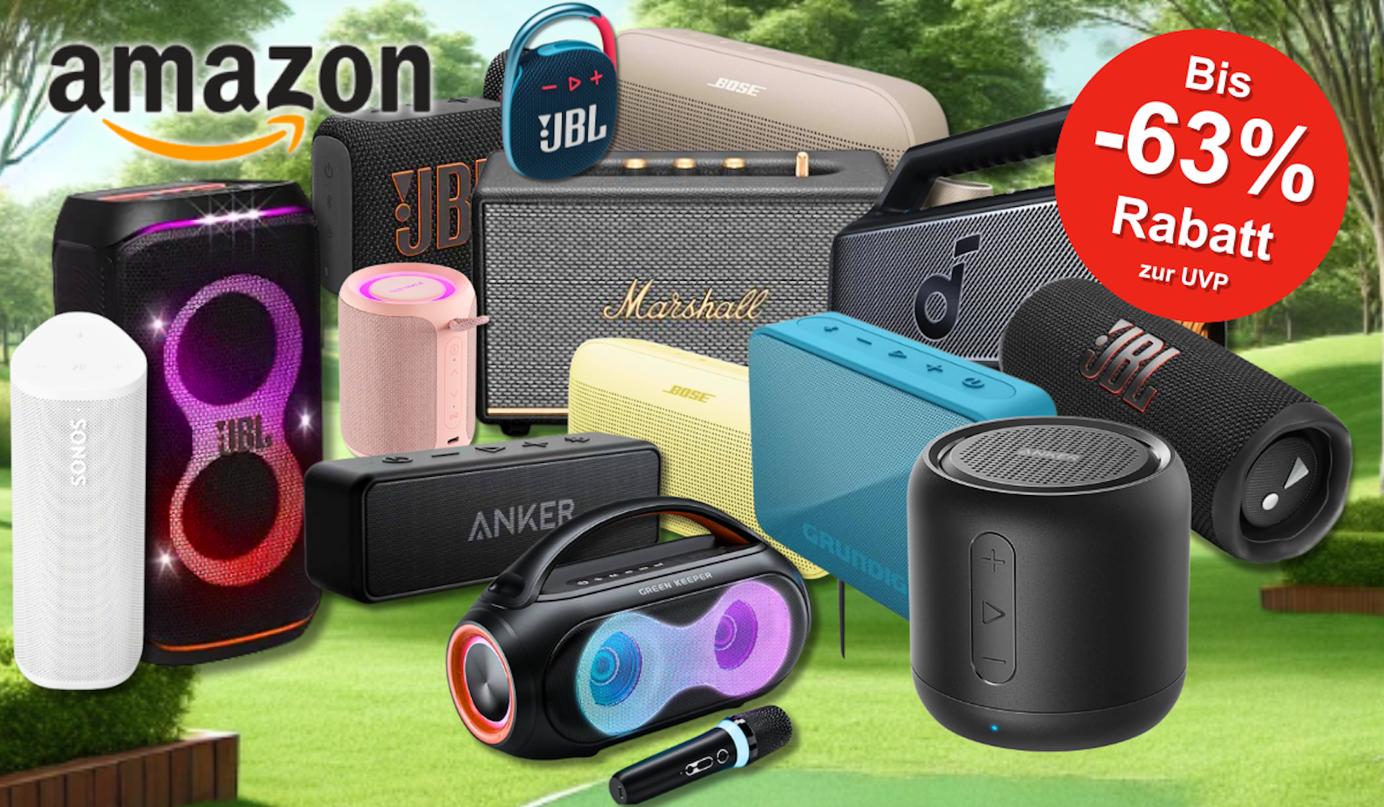 Auf dem Bild sind ganz viele unterschiedliche Bluetooth Musikboxen zu sehen.