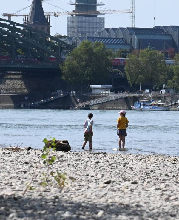 Kinder stehen im Kölner Rhein: Demnächst könnte das Betreten streng verboten sein.
