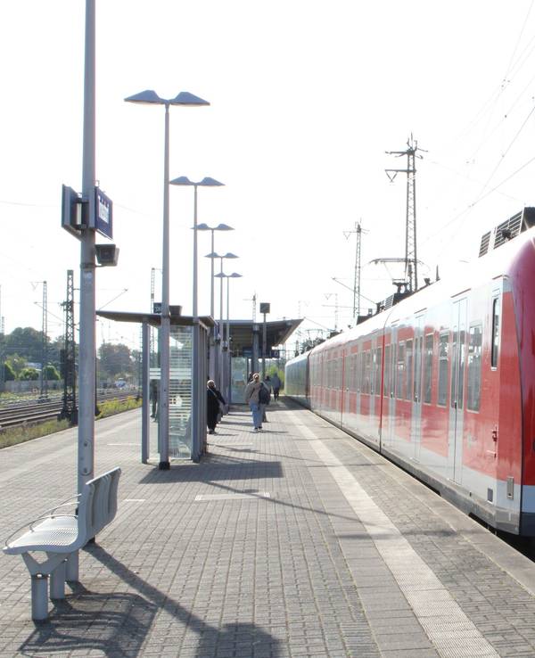 Eine Bahn der Linie 19 hält an einer Haltestelle.