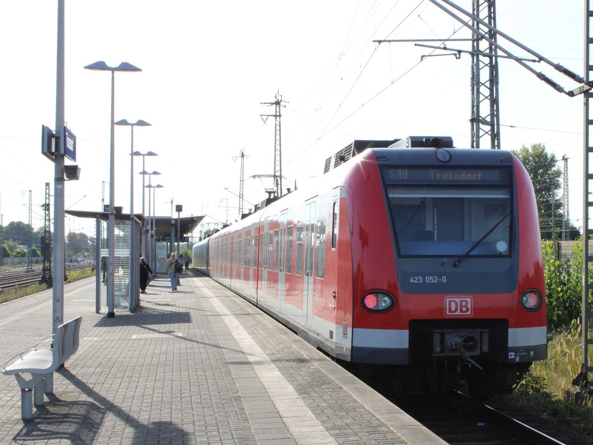 Eine Bahn der Linie 19 hält an einer Haltestelle.