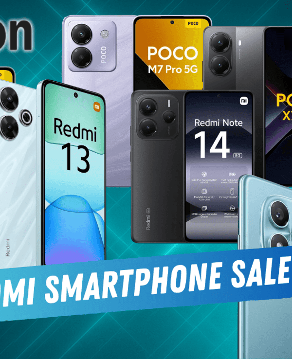 Darstellung verschiedener Xiaomi Smartphones vor einem türkisen Hintergrund mit Lichteffekten.