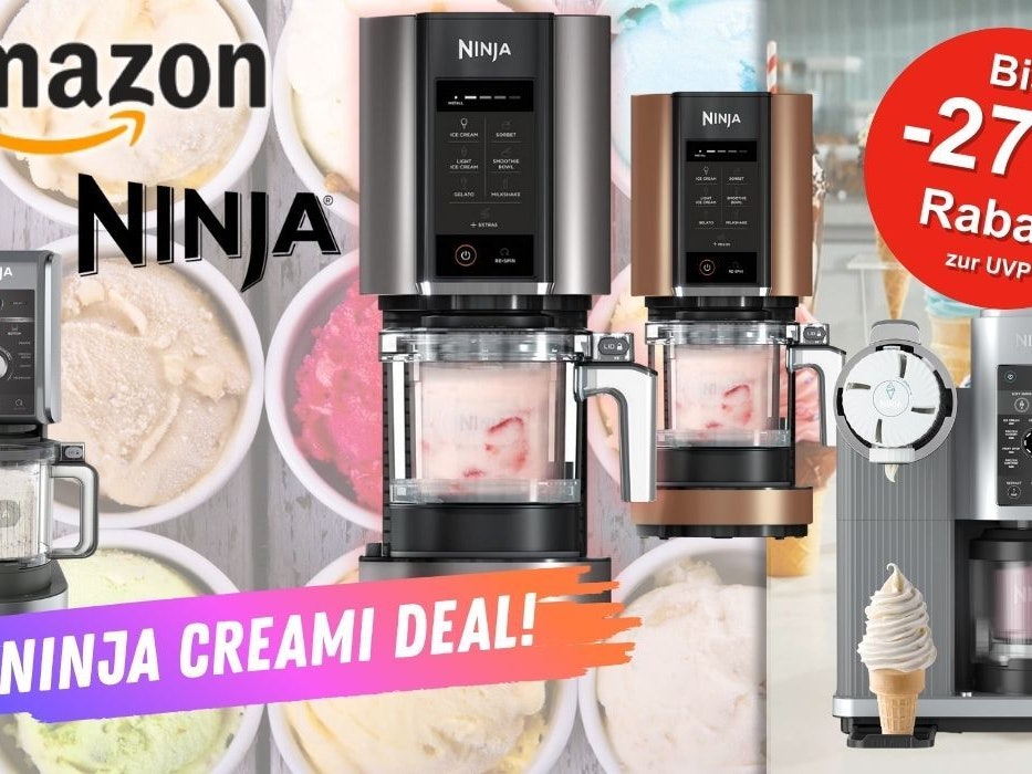 Ninja CREAMi Eismaschinen von der klassischen NC300EU über die Ninja CREAMi Deluxe bis hin zur neuen Ninja Swirl by CREAMi für Softeis. Im Hintergrund zubereitete bunte Eissorten in Schalen.