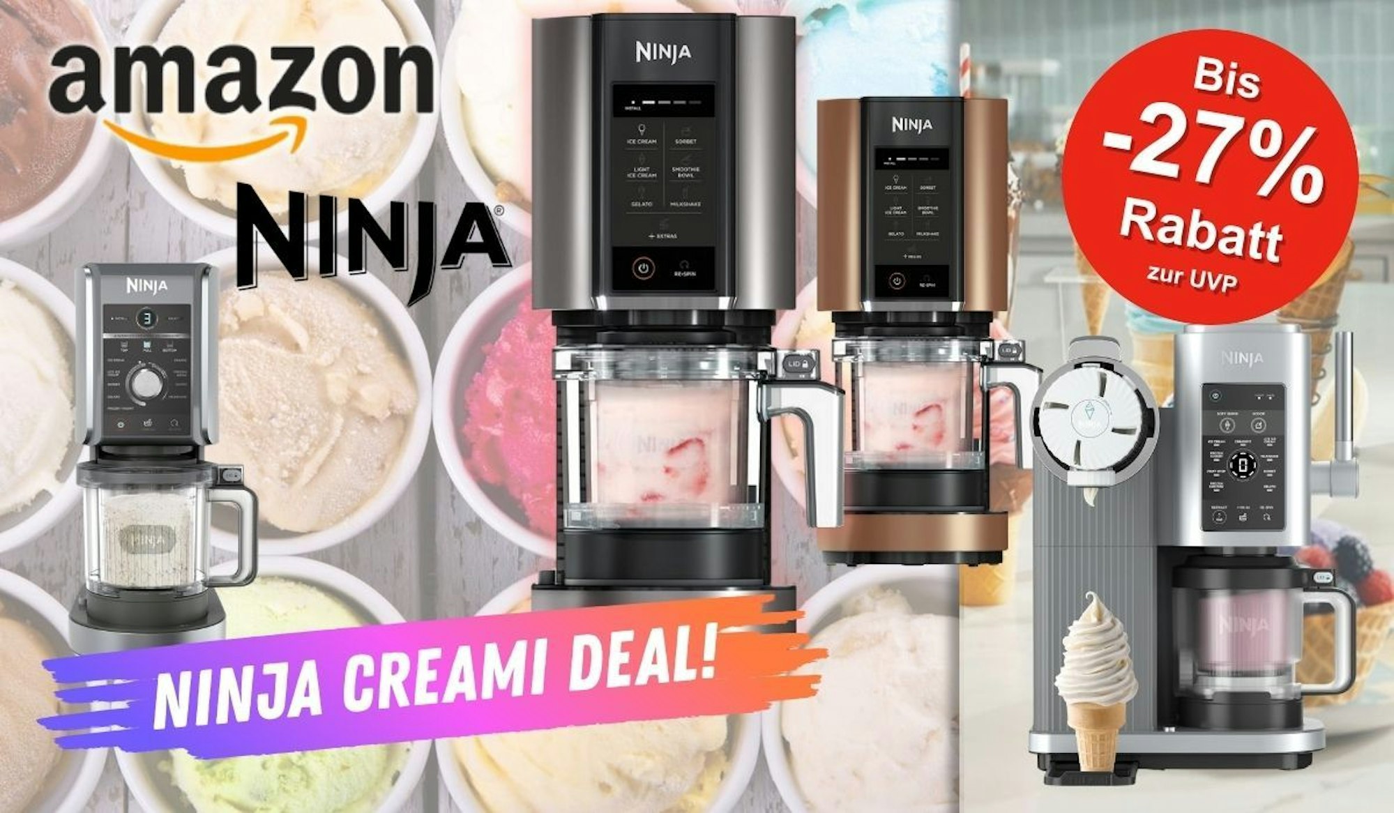 Ninja CREAMi Eismaschinen von der klassischen NC300EU über die Ninja CREAMi Deluxe bis hin zur neuen Ninja Swirl by CREAMi für Softeis. Im Hintergrund zubereitete bunte Eissorten in Schalen.