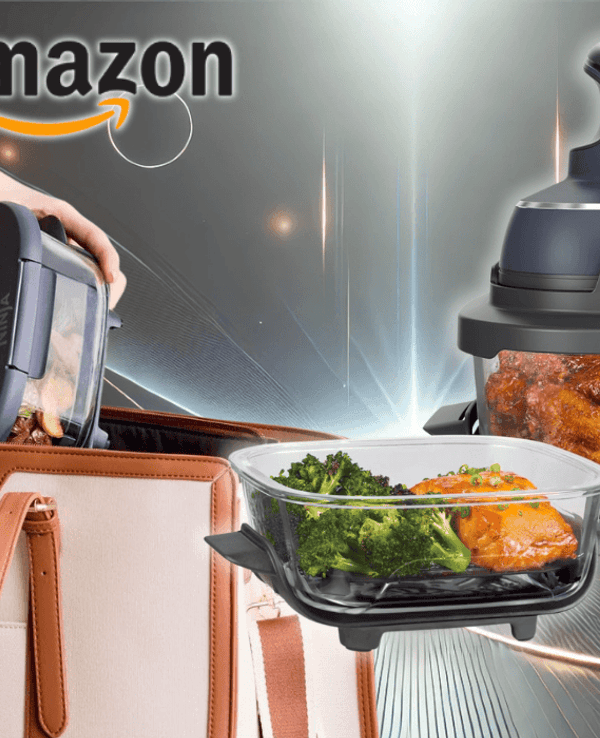 Ninja CRISPi Airfryer vor einem Hintergrund mit Lichteffekten.