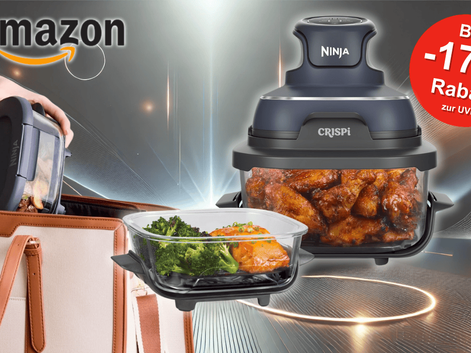 Ninja CRISPi Airfryer vor einem Hintergrund mit Lichteffekten.